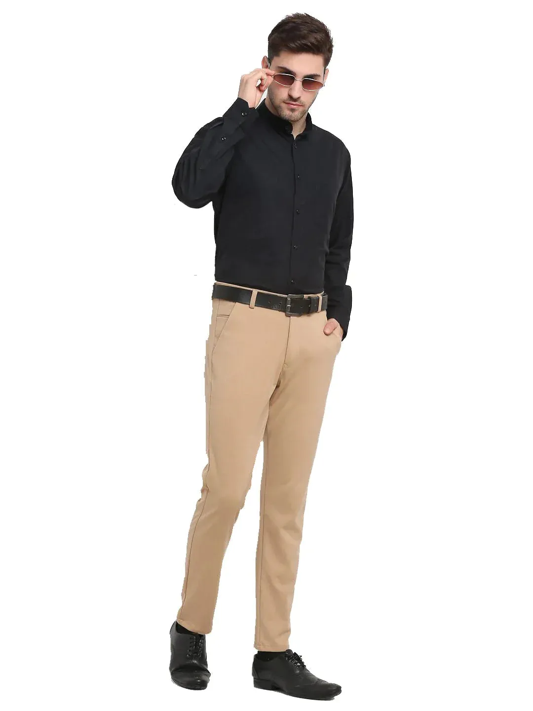 Men'S Beige 4-Way Lycra Tapered Fit Trousers