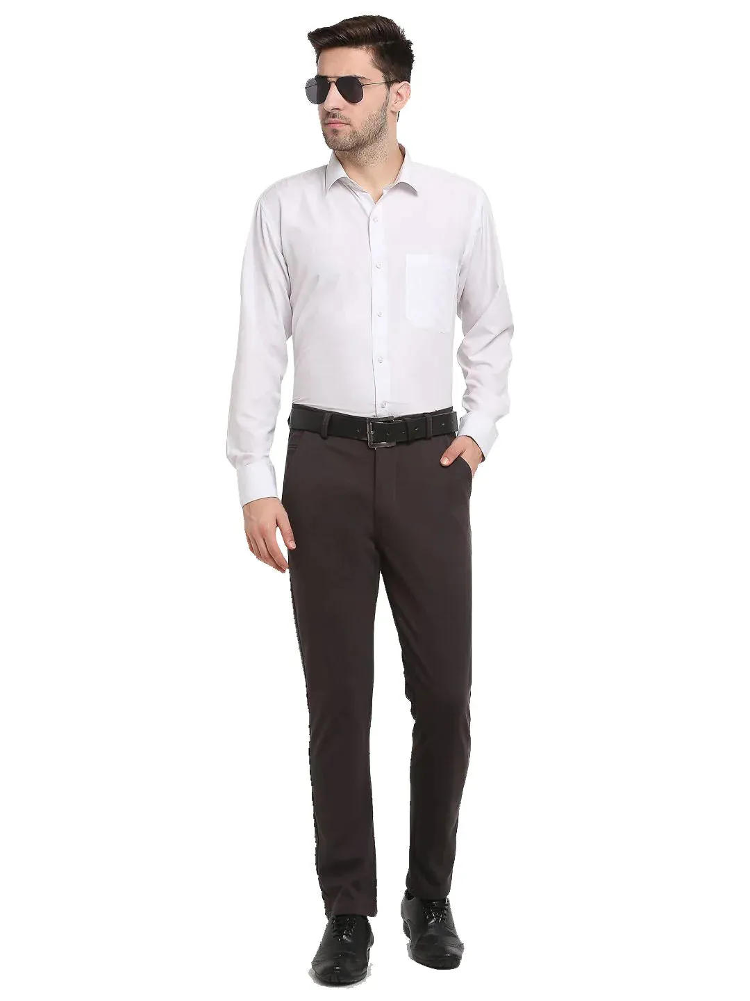 Men'S Brown 4-Way Lycra Tapered Fit Trousers