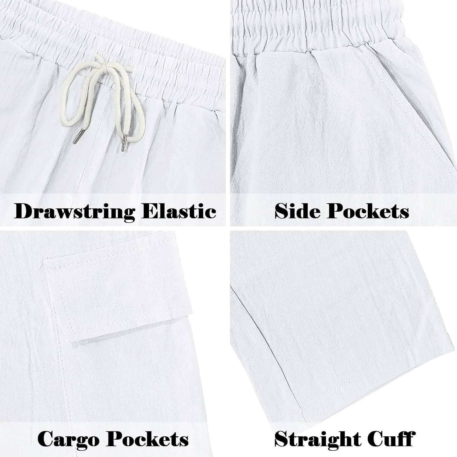 Mens Casual Cargo Pants Summer Vacation Lightweight Drawstring Pants Elastic Waist Beach Yoga Trousers with Pockets