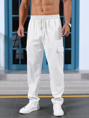 Mens Casual Cargo Pants Summer Vacation Lightweight Drawstring Pants Elastic Waist Beach Yoga Trousers with Pockets