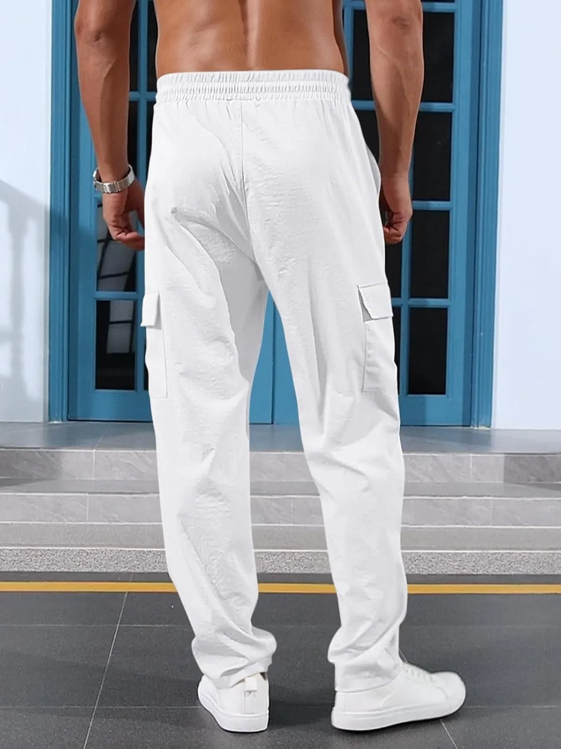 Mens Casual Cargo Pants Summer Vacation Lightweight Drawstring Pants Elastic Waist Beach Yoga Trousers with Pockets
