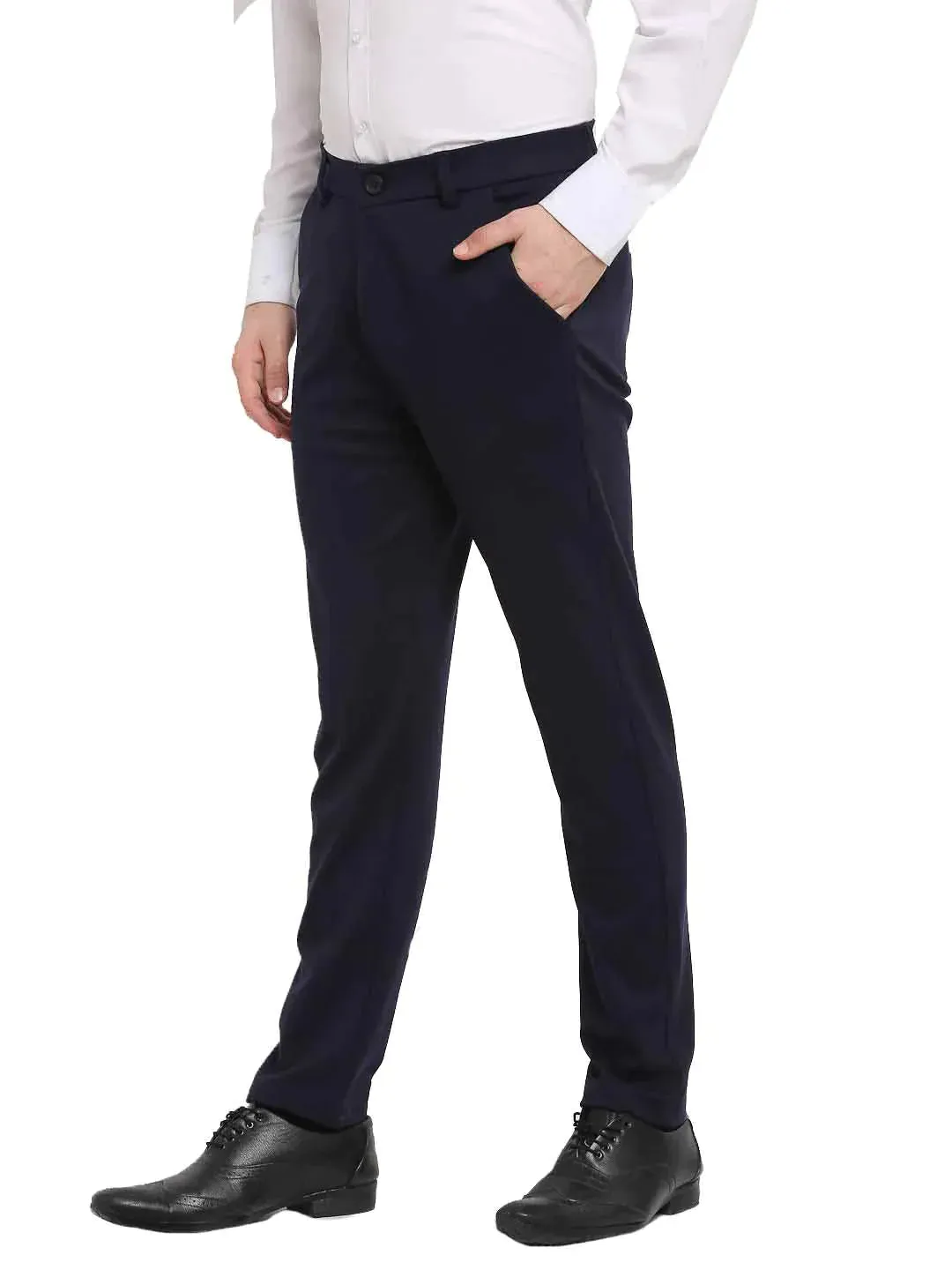 Men'S Navy Blue 4-Way Lycra Tapered Fit Trousers
