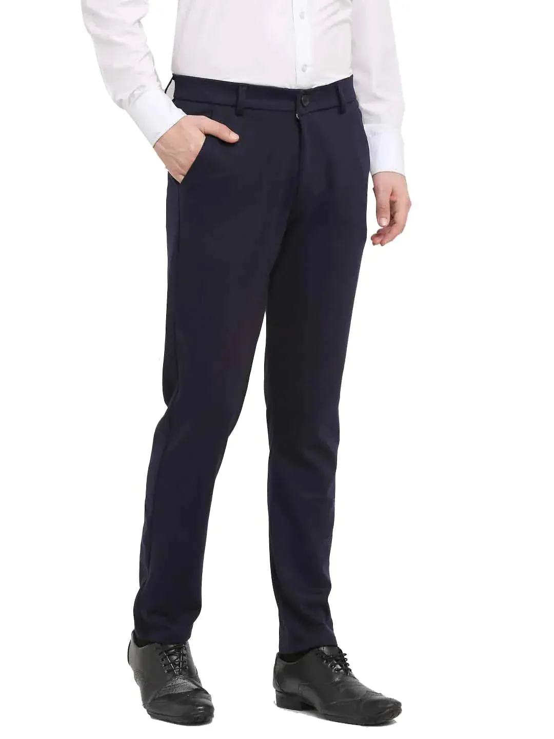 Men'S Navy Blue 4-Way Lycra Tapered Fit Trousers