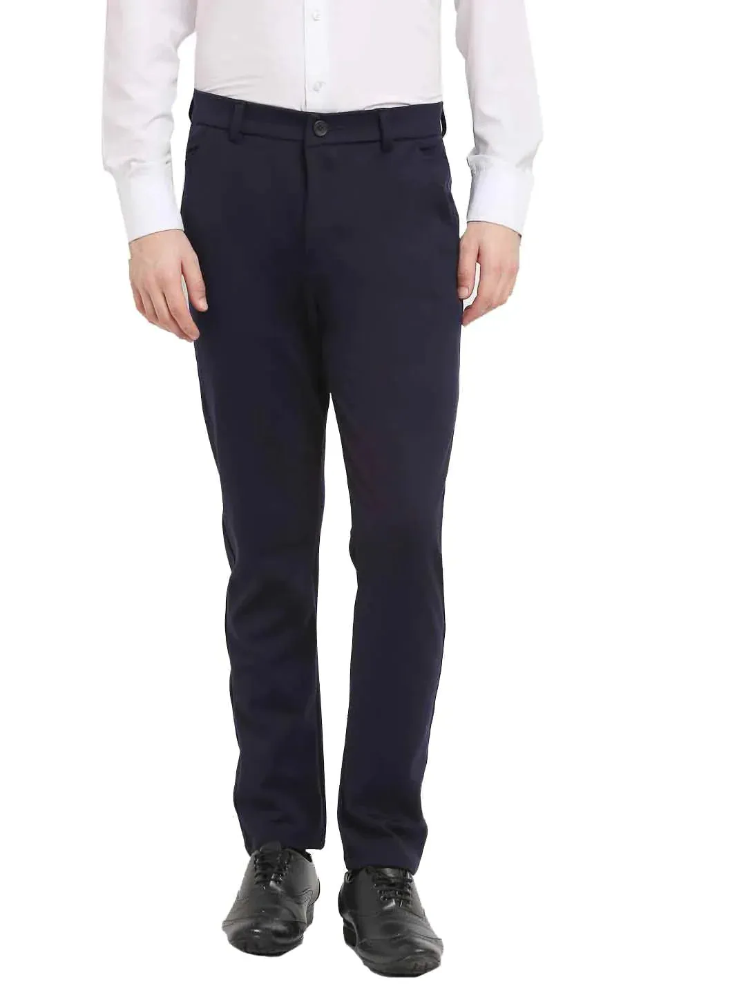 Men'S Navy Blue 4-Way Lycra Tapered Fit Trousers