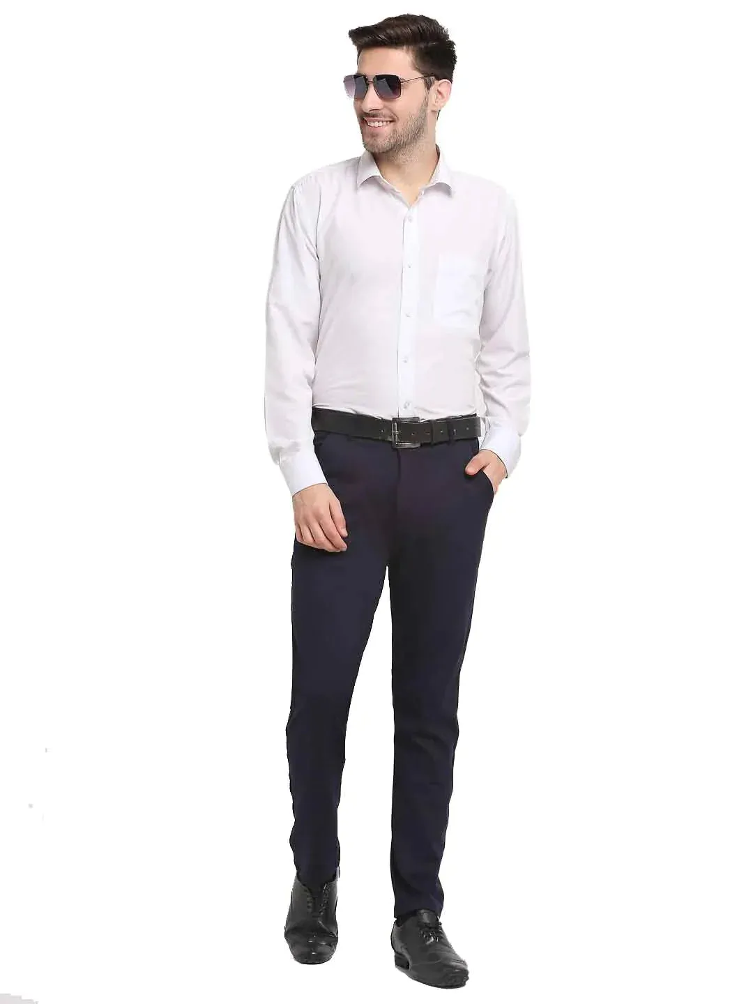Men'S Navy Blue 4-Way Lycra Tapered Fit Trousers