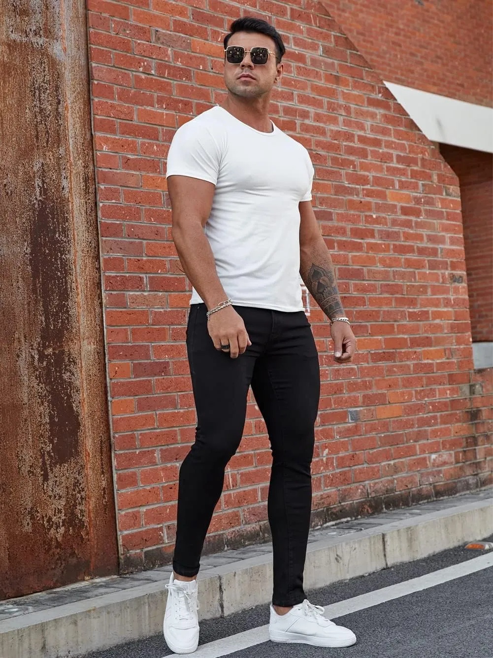 Men's Super Skinny Stretch Tapered Leg Slim Fit Ripped Distressed Jeans