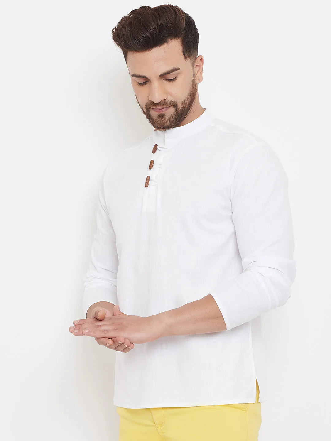 Men's White Button Placket Shirt Kurta - Even Apparels