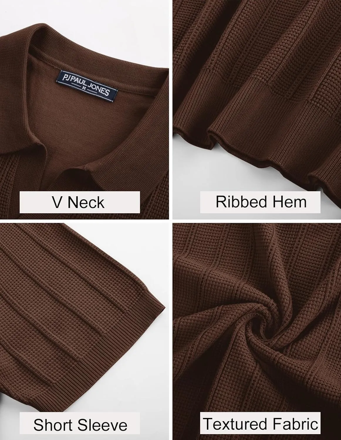 PJ PAUL JONES Mens Polo Shirts V-Neck Knit Polo Textured Summer Shirts