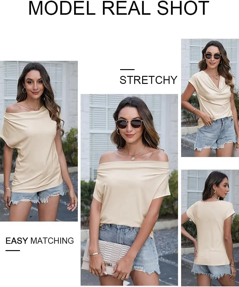 Poetsky Summer Womens Fashion Dressy Tops Short Sleeve Cowl Neck Shirts Trendy 2025 Classy Casual Outfits Ladies Top Blouses