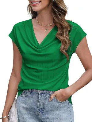 Poetsky Summer Womens Fashion Dressy Tops Short Sleeve Cowl Neck Shirts Trendy 2025 Classy Casual Outfits Ladies Top Blouses