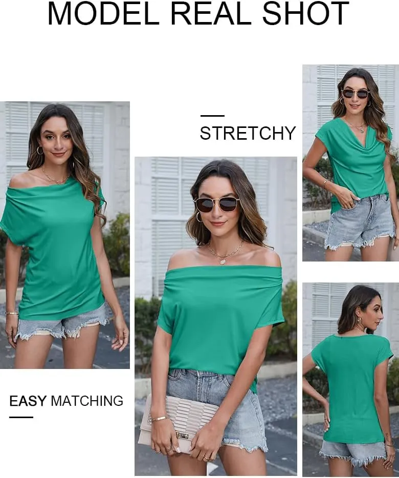 Poetsky Summer Womens Fashion Dressy Tops Short Sleeve Cowl Neck Shirts Trendy 2025 Classy Casual Outfits Ladies Top Blouses