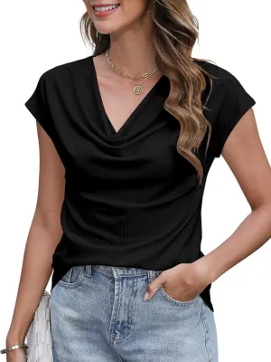 Poetsky Summer Womens Fashion Dressy Tops Short Sleeve Cowl Neck Shirts Trendy 2025 Classy Casual Outfits Ladies Top Blouses