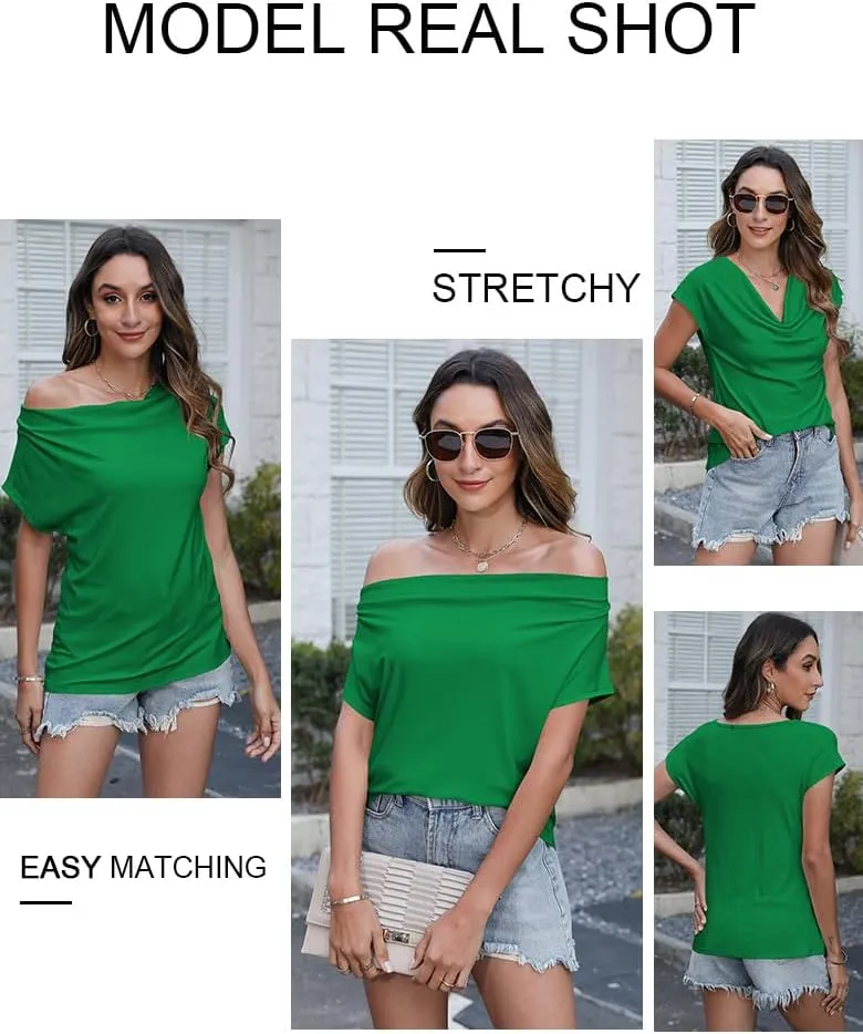 Poetsky Summer Womens Fashion Dressy Tops Short Sleeve Cowl Neck Shirts Trendy 2025 Classy Casual Outfits Ladies Top Blouses