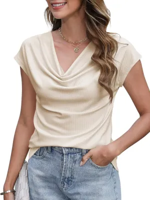 Poetsky Summer Womens Fashion Dressy Tops Short Sleeve Cowl Neck Shirts Trendy 2025 Classy Casual Outfits Ladies Top Blouses