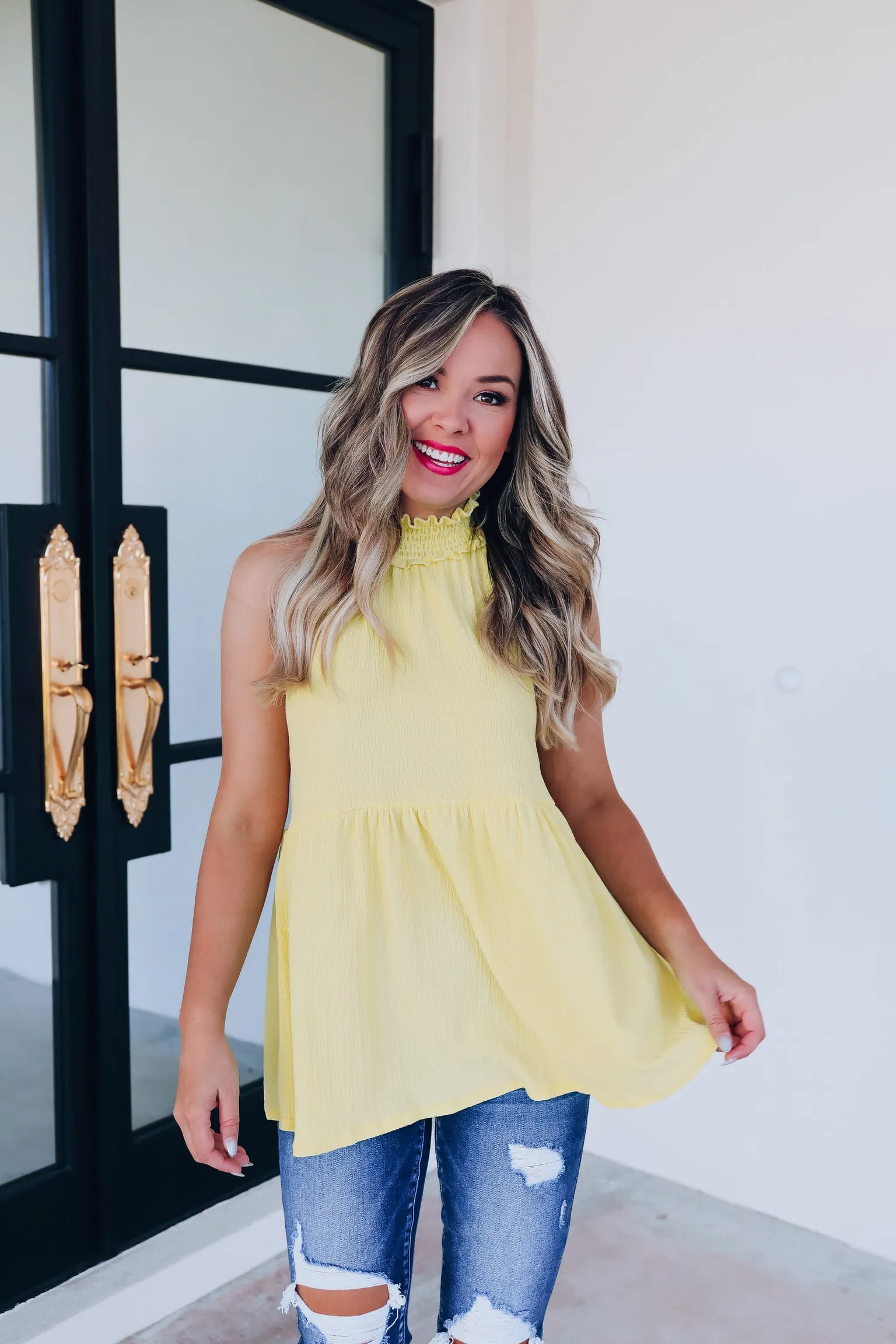 Pretty Please Mock Neck Ruffle Top - Yellow
