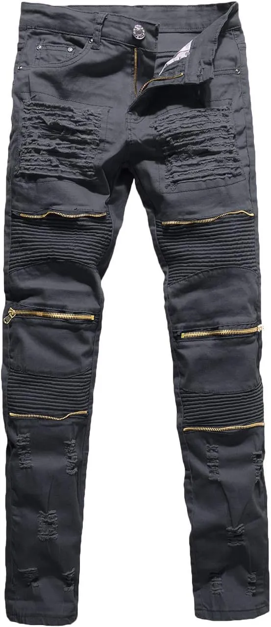 Rexcyril Men's Moto Biker Jeans Distressed Ripped Skinny Slim Fit Denim Pants with Zippers