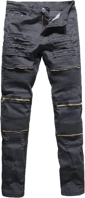 Rexcyril Men's Moto Biker Jeans Distressed Ripped Skinny Slim Fit Denim Pants with Zippers