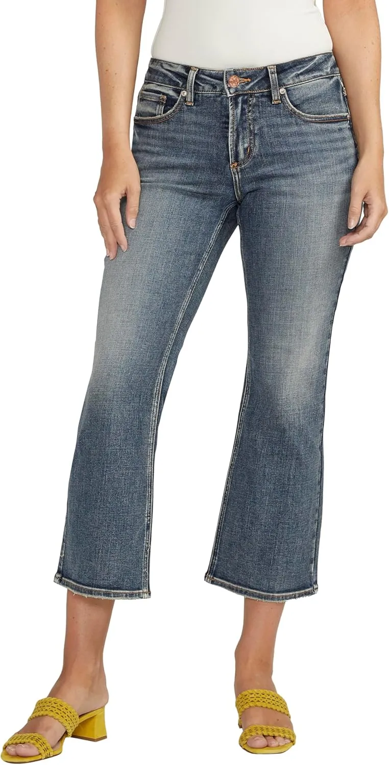 Silver Jeans Co. Women's Suki Mid Rise Curvy Fit Kick Flare Leg Jeans, Med Wash Cropped