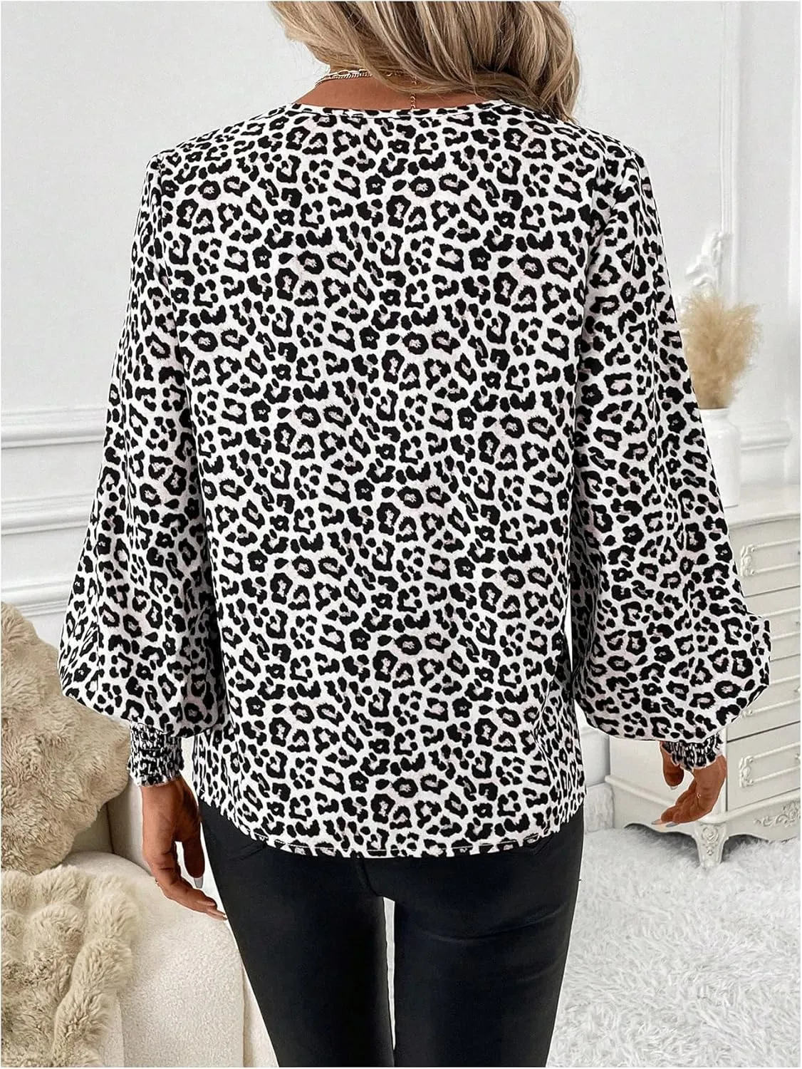 SweatyRocks Women's Leopard Print V Neck Long Lantern Sleeve Shirred Blouse Shirt Tops