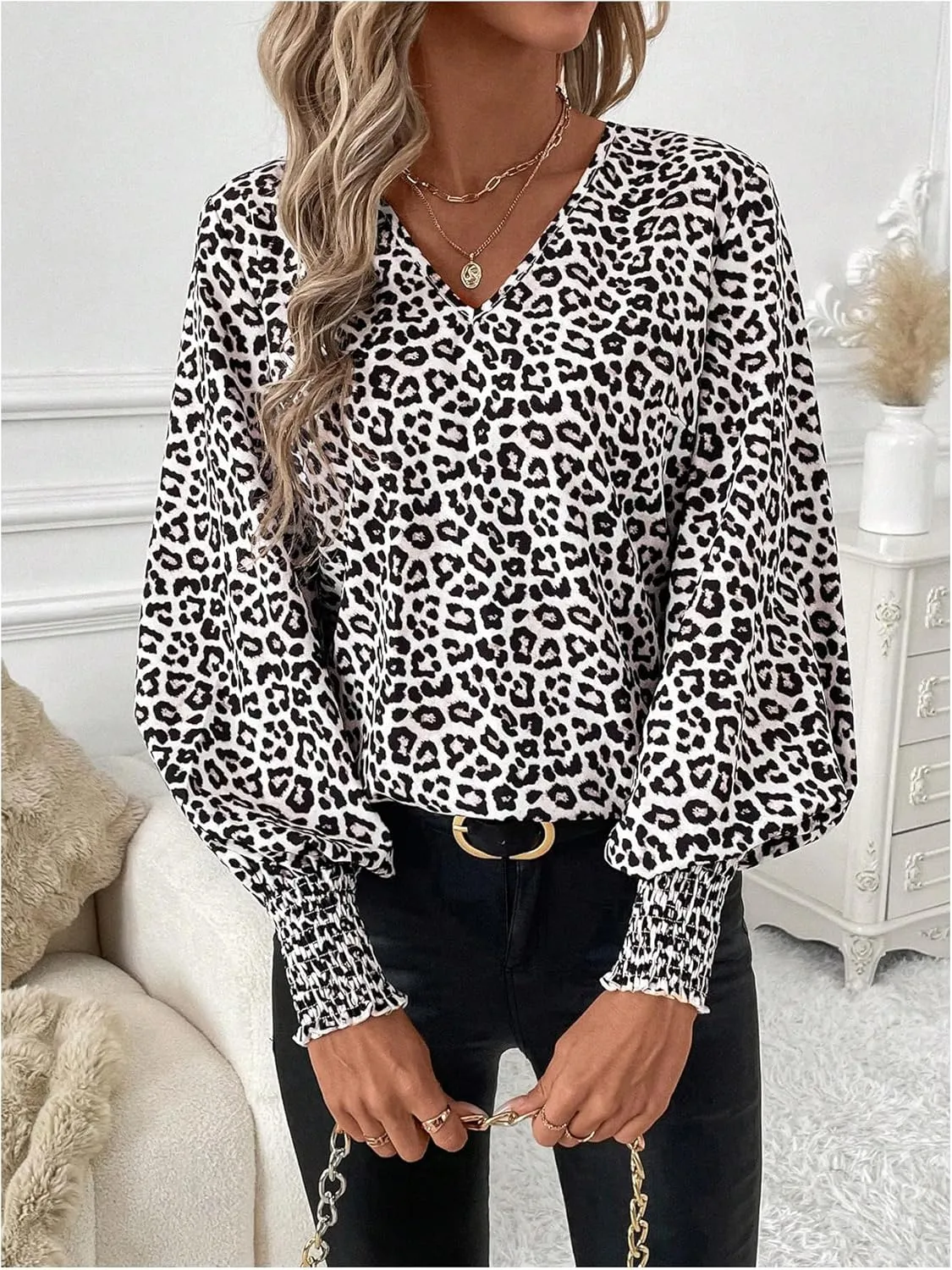 SweatyRocks Women's Leopard Print V Neck Long Lantern Sleeve Shirred Blouse Shirt Tops