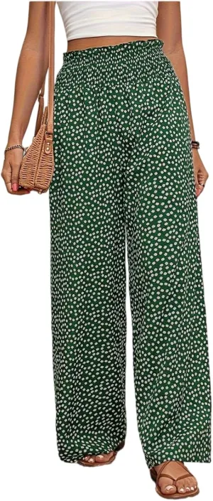 Wide Leg Linen Pants for Women Casual Summer Boho Flowy Palazzo Pants Y2k Baggy High Waist Pleated Travel Beach Pant