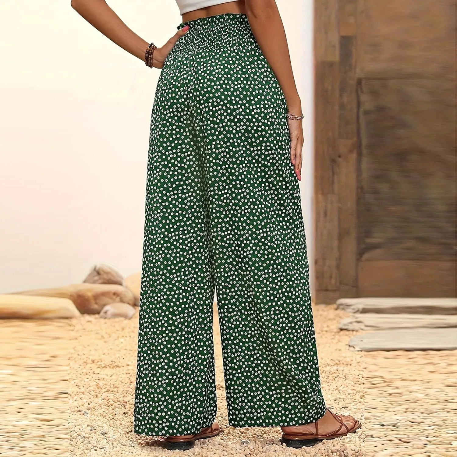Wide Leg Linen Pants for Women Casual Summer Boho Flowy Palazzo Pants Y2k Baggy High Waist Pleated Travel Beach Pant