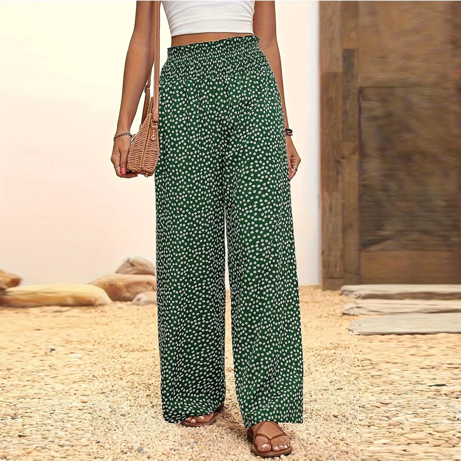 Wide Leg Linen Pants for Women Casual Summer Boho Flowy Palazzo Pants Y2k Baggy High Waist Pleated Travel Beach Pant
