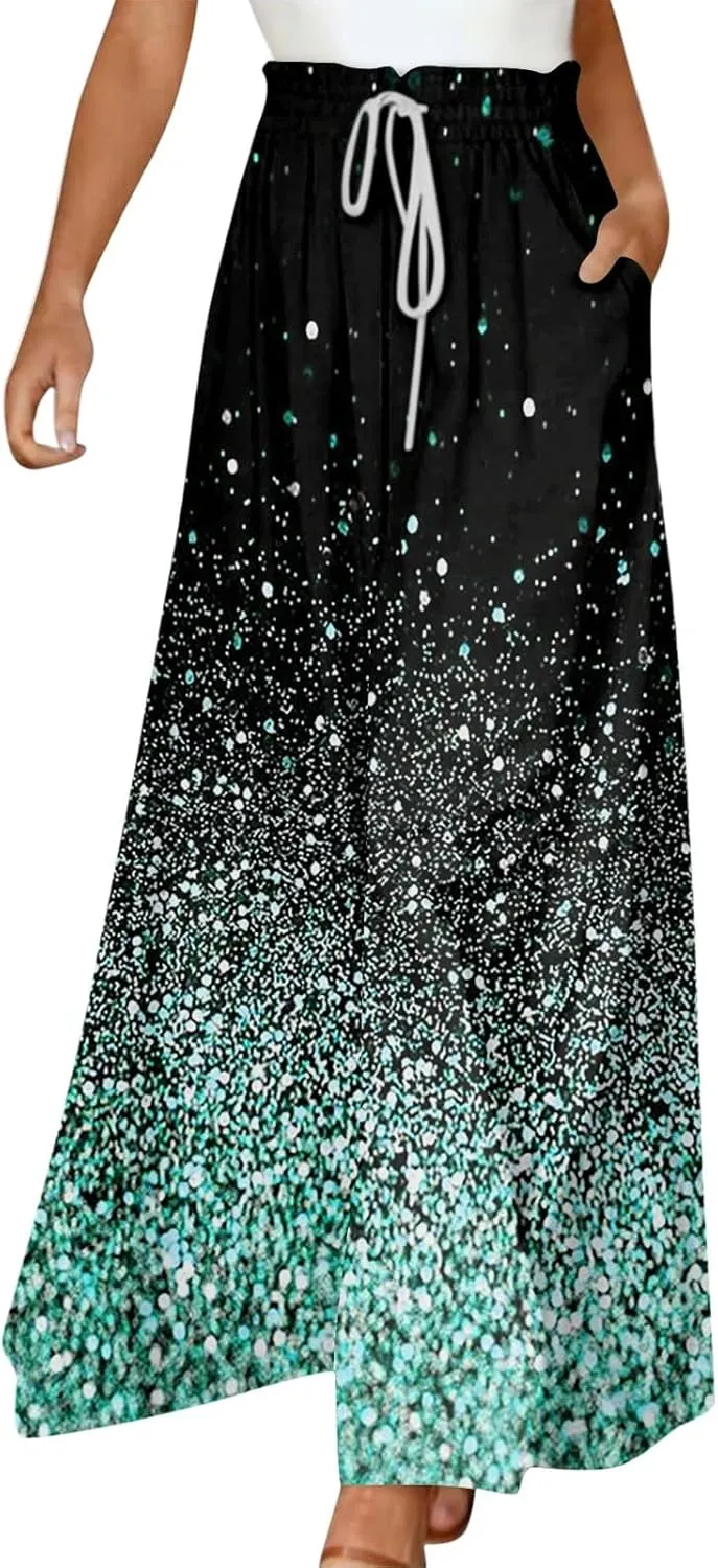 Wide Leg Pants Woman Summer 2025 Flowy High Waisted Trousers Baggy Drawstring Beach Pant with Pockets