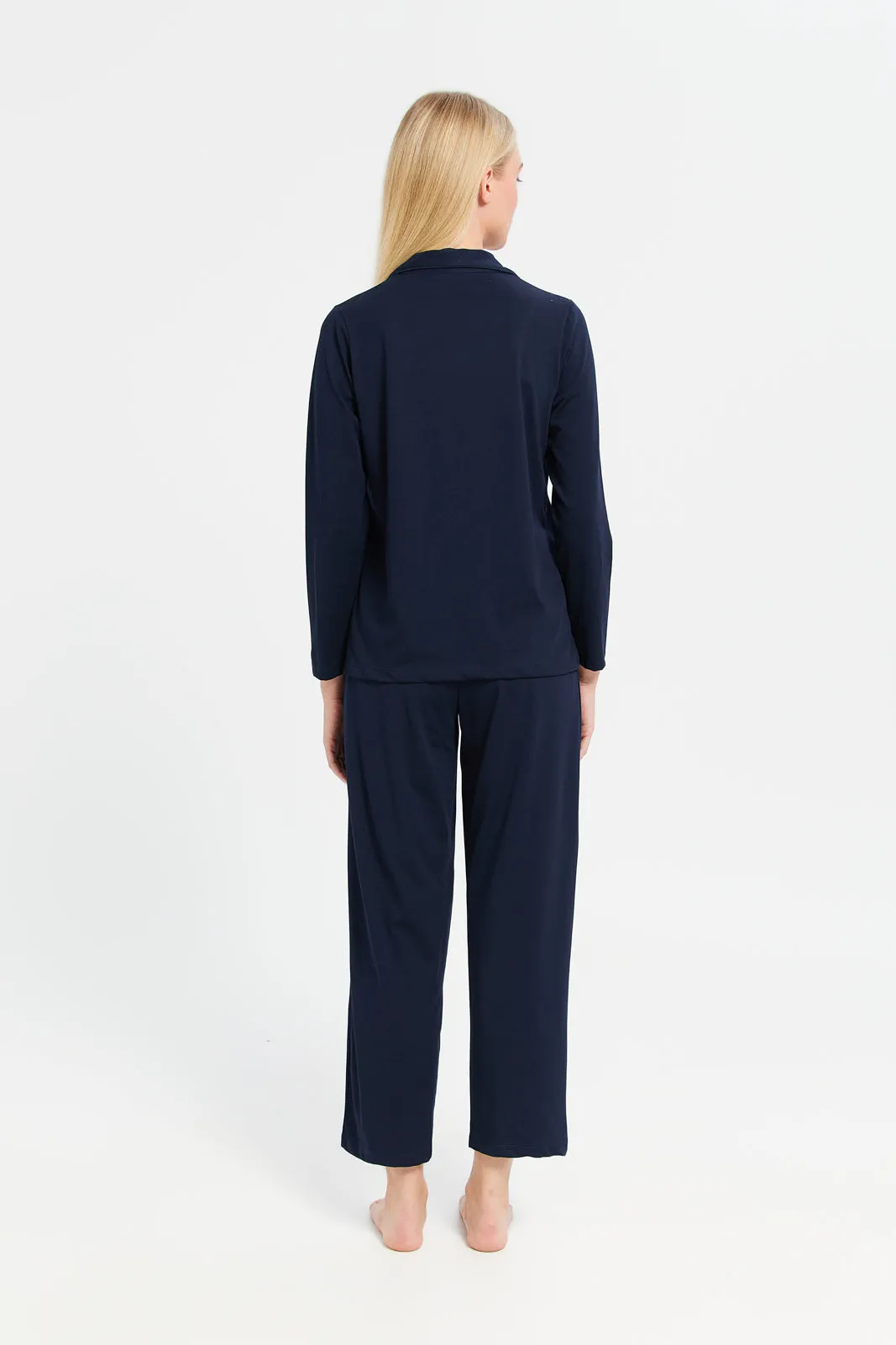 Women Navy Plain Classic Pyjama Set (2 Piece)