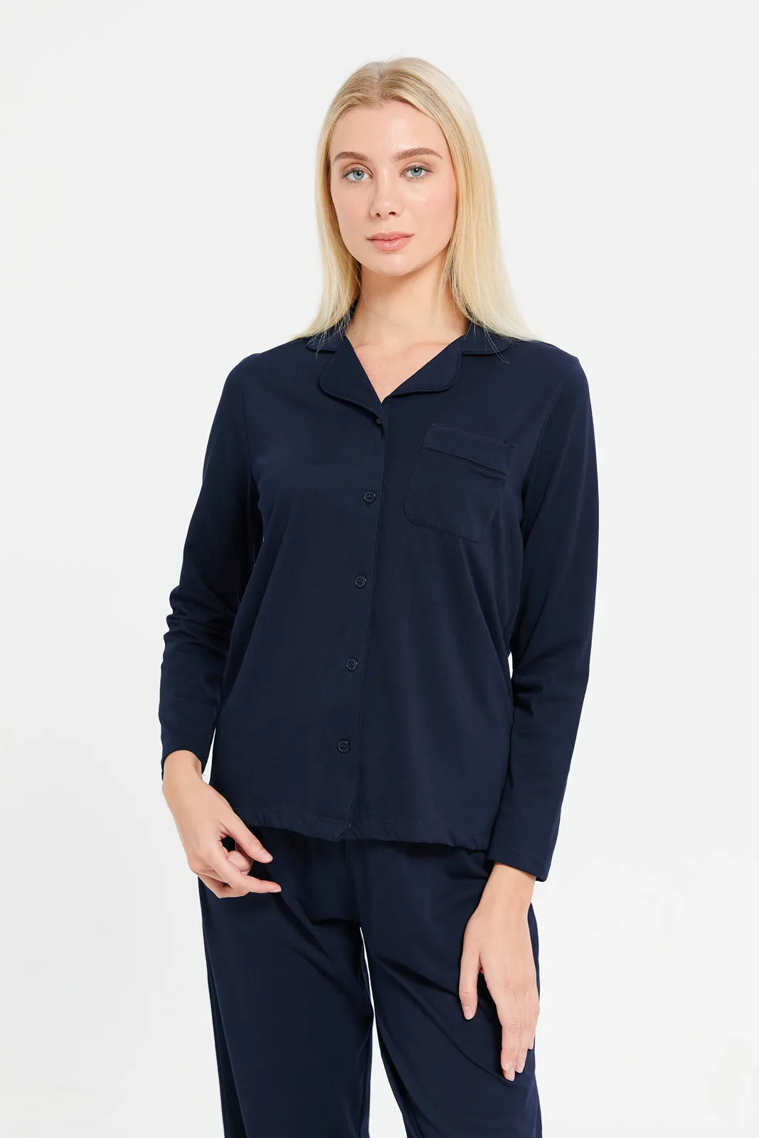 Women Navy Plain Classic Pyjama Set (2 Piece)
