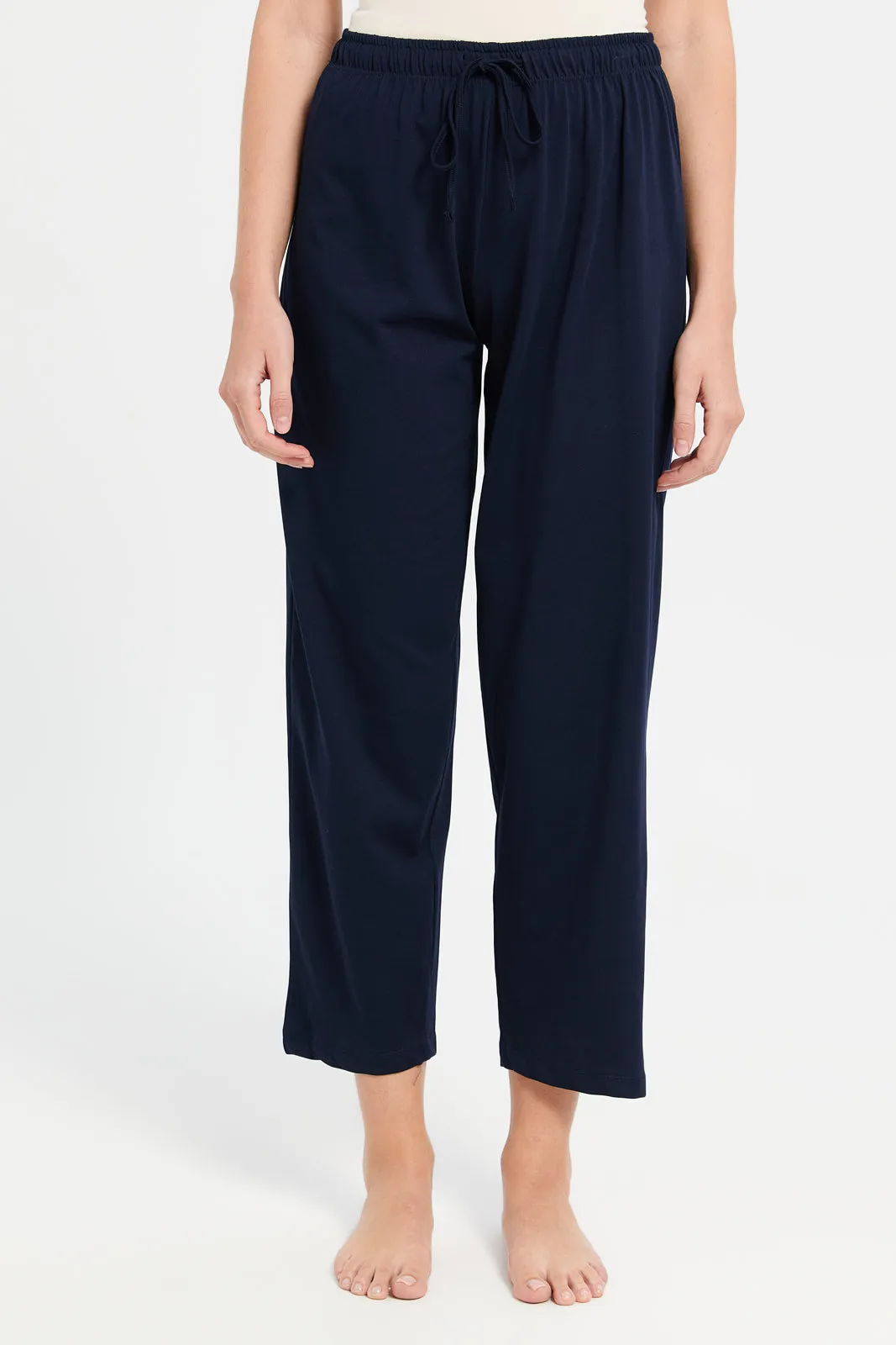 Women Navy Plain Classic Pyjama Set (2 Piece)