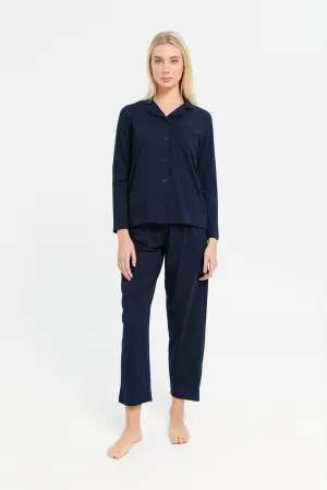 Women Navy Plain Classic Pyjama Set (2 Piece)