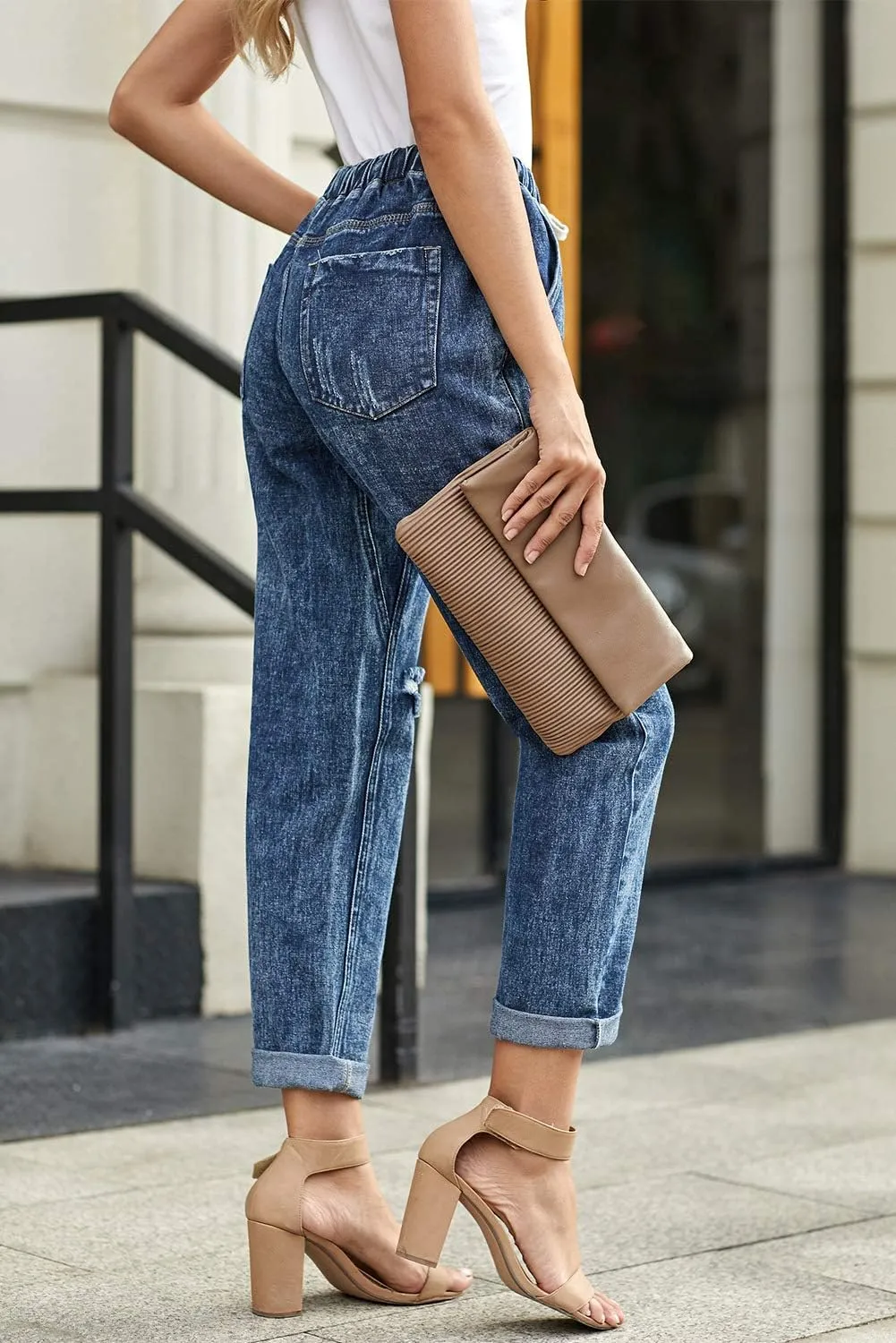 Womens Casual Pull-on Distressed Stretch Jeans Elastic Waist Jean Denim Joggers Pants