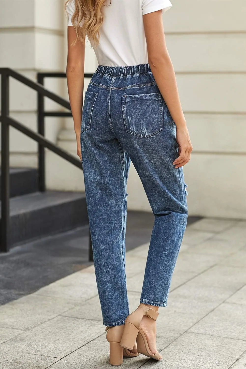 Womens Casual Pull-on Distressed Stretch Jeans Elastic Waist Jean Denim Joggers Pants