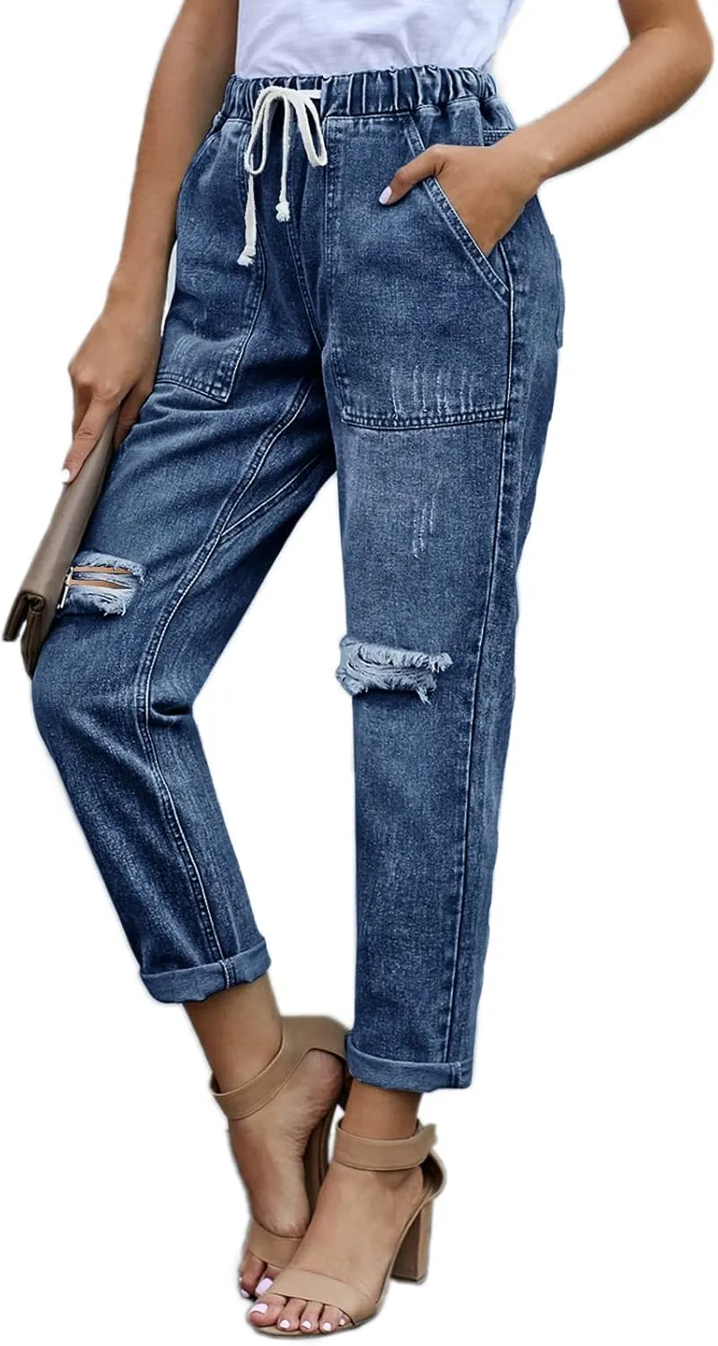 Womens Casual Pull-on Distressed Stretch Jeans Elastic Waist Jean Denim Joggers Pants