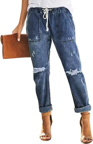 Womens Casual Pull-on Distressed Stretch Jeans Elastic Waist Jean Denim Joggers Pants