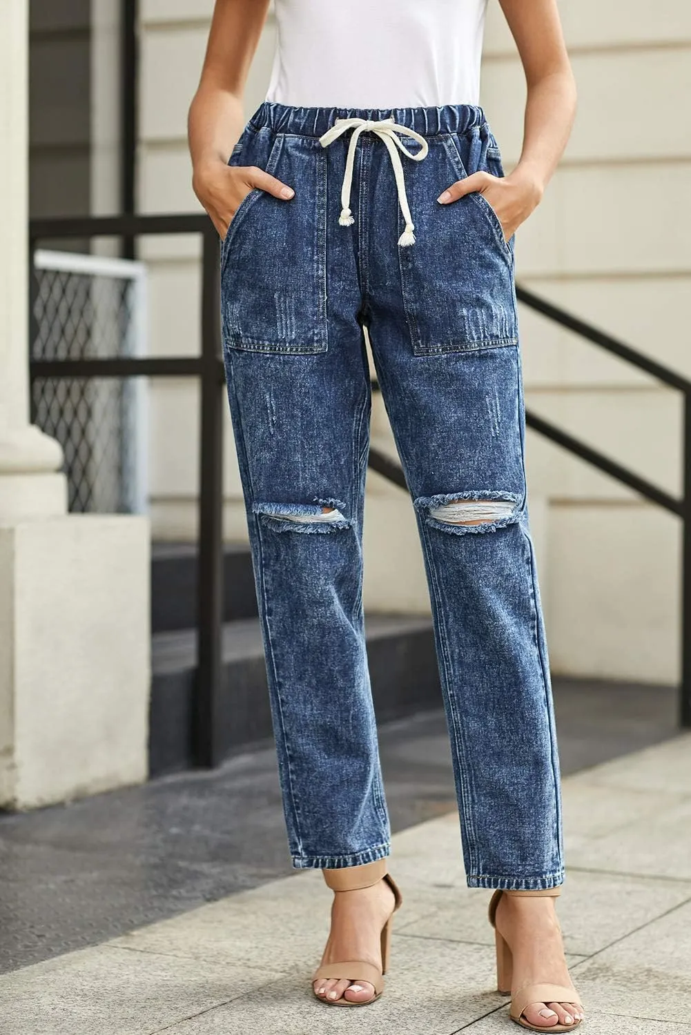 Womens Casual Pull-on Distressed Stretch Jeans Elastic Waist Jean Denim Joggers Pants