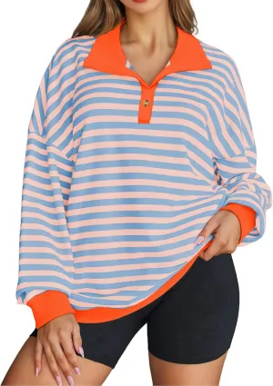 Womens Plus Size Striped Sweatshirts Long Sleeve Lapel Collared Casual Soft Pullover Tops Shirts