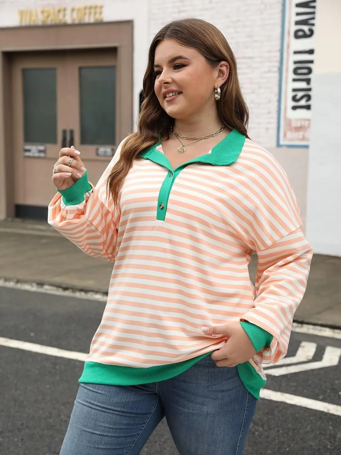 Womens Plus Size Striped Sweatshirts Long Sleeve Lapel Collared Casual Soft Pullover Tops Shirts