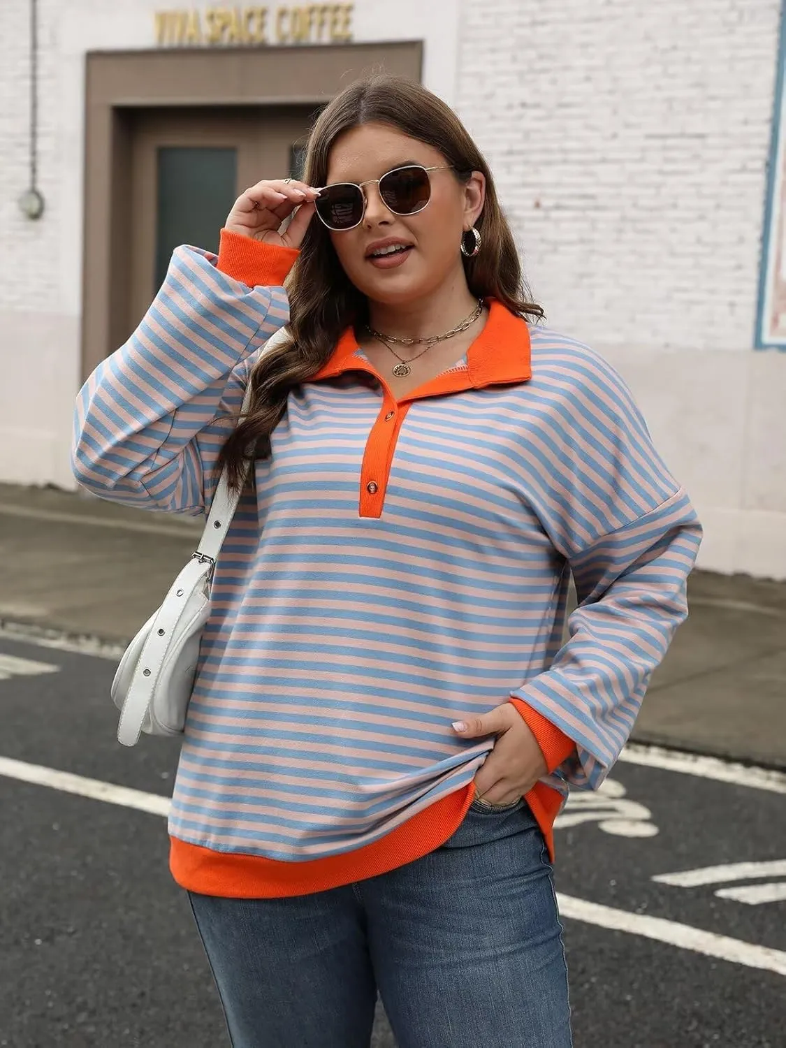 Womens Plus Size Striped Sweatshirts Long Sleeve Lapel Collared Casual Soft Pullover Tops Shirts