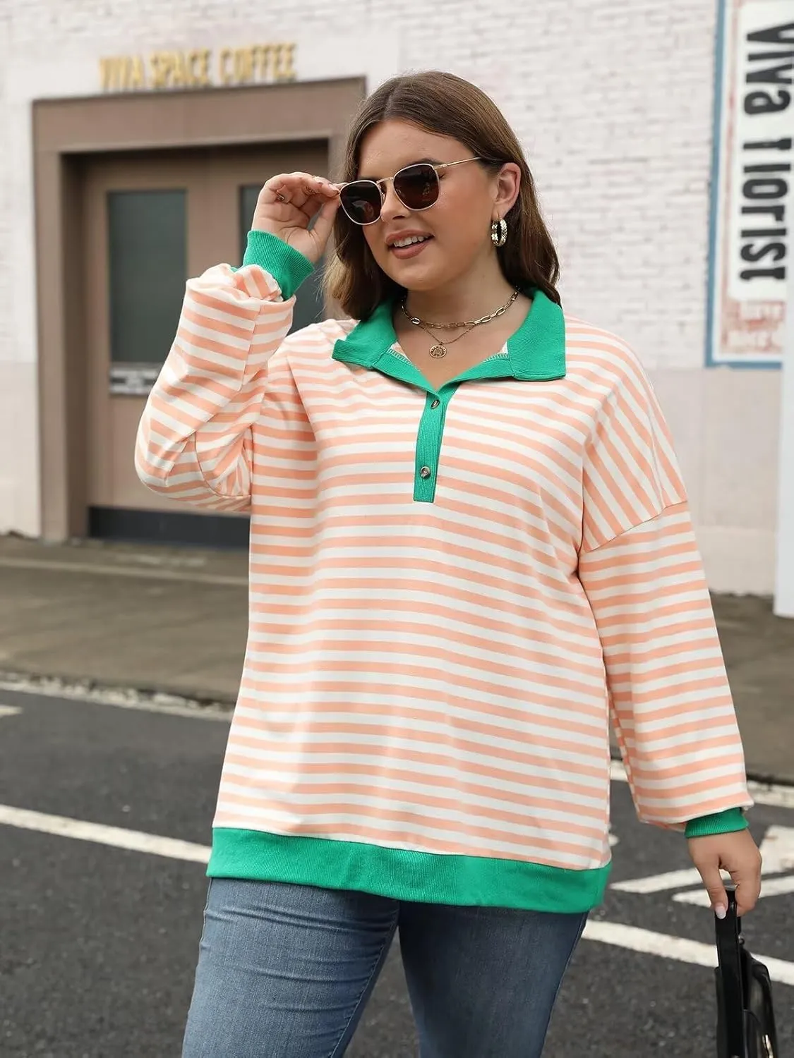 Womens Plus Size Striped Sweatshirts Long Sleeve Lapel Collared Casual Soft Pullover Tops Shirts