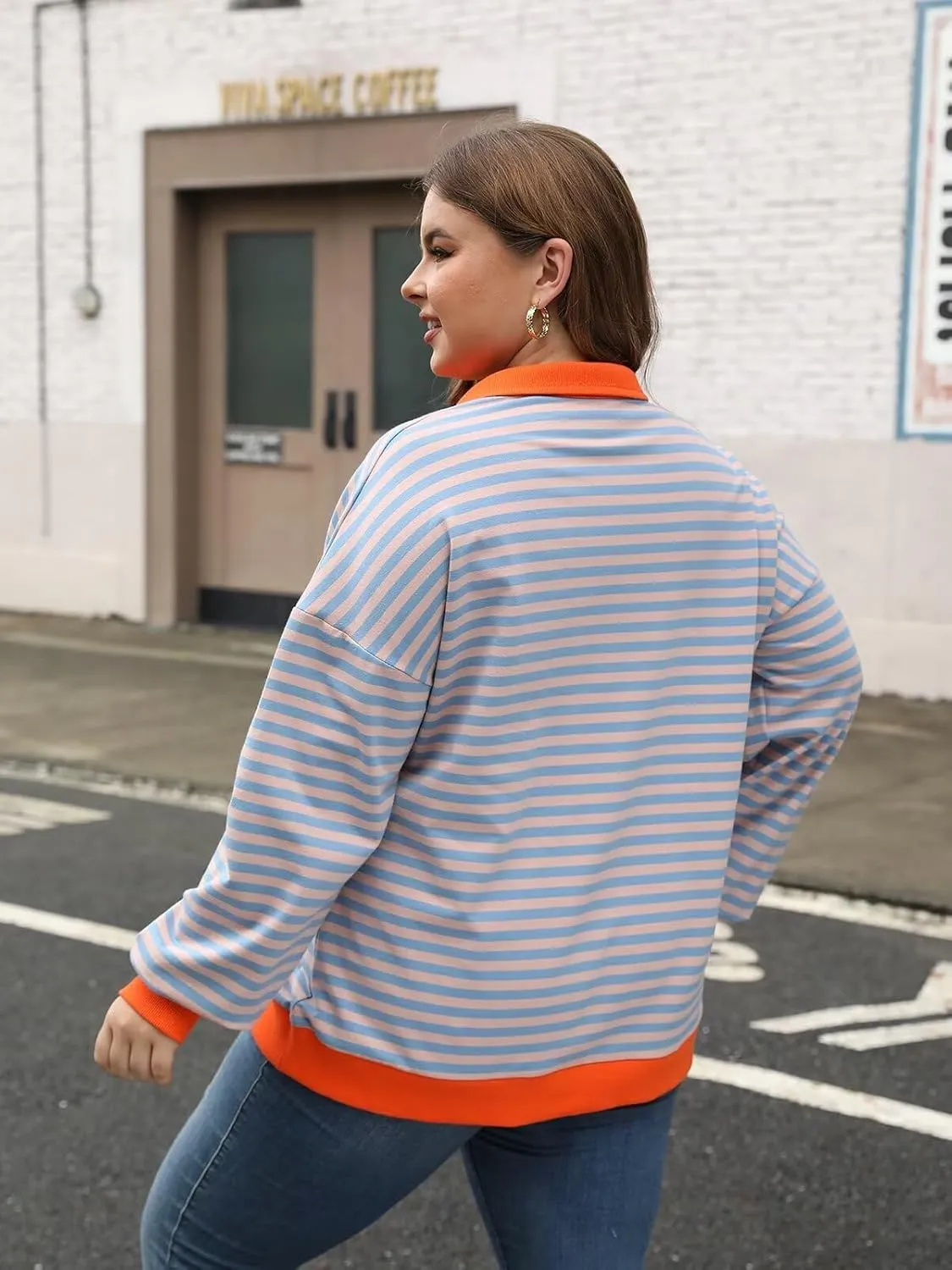Womens Plus Size Striped Sweatshirts Long Sleeve Lapel Collared Casual Soft Pullover Tops Shirts