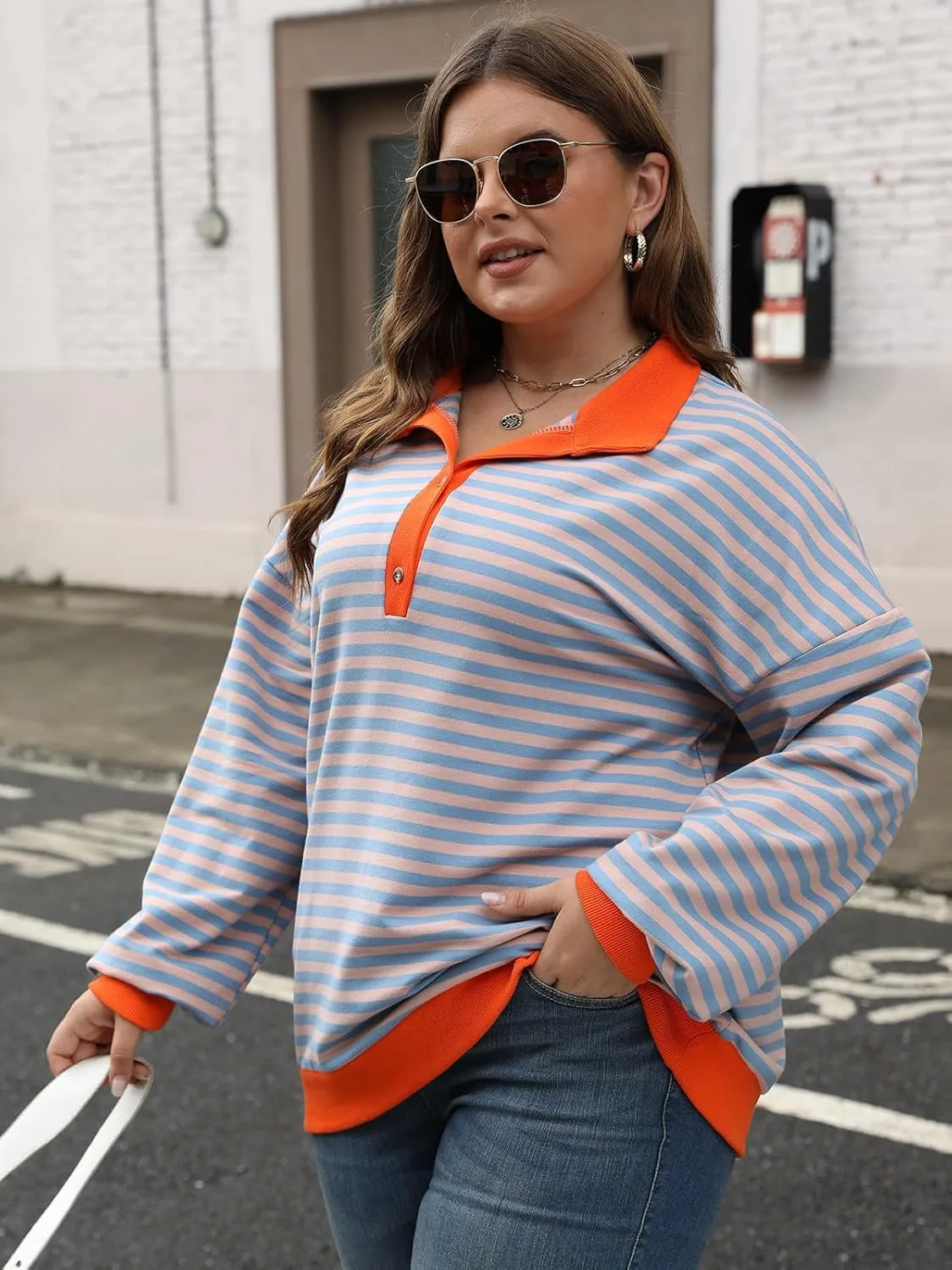 Womens Plus Size Striped Sweatshirts Long Sleeve Lapel Collared Casual Soft Pullover Tops Shirts