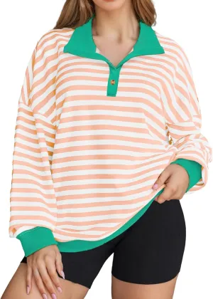 Womens Plus Size Striped Sweatshirts Long Sleeve Lapel Collared Casual Soft Pullover Tops Shirts