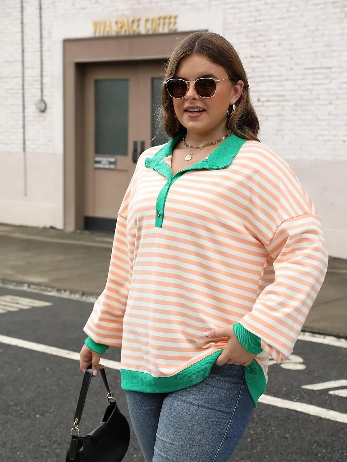 Womens Plus Size Striped Sweatshirts Long Sleeve Lapel Collared Casual Soft Pullover Tops Shirts