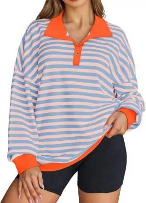 Womens Plus Size Striped Sweatshirts Long Sleeve Lapel Collared Casual Soft Pullover Tops Shirts
