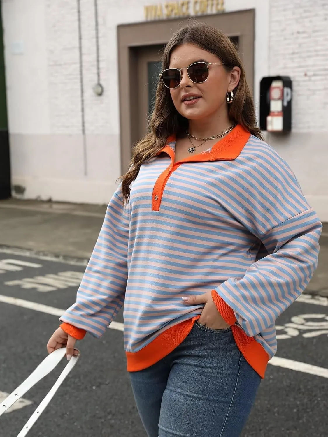 Womens Plus Size Striped Sweatshirts Long Sleeve Lapel Collared Casual Soft Pullover Tops Shirts