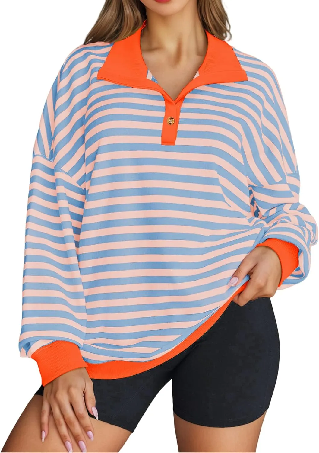 Womens Plus Size Striped Sweatshirts Long Sleeve Lapel Collared Casual Soft Pullover Tops Shirts