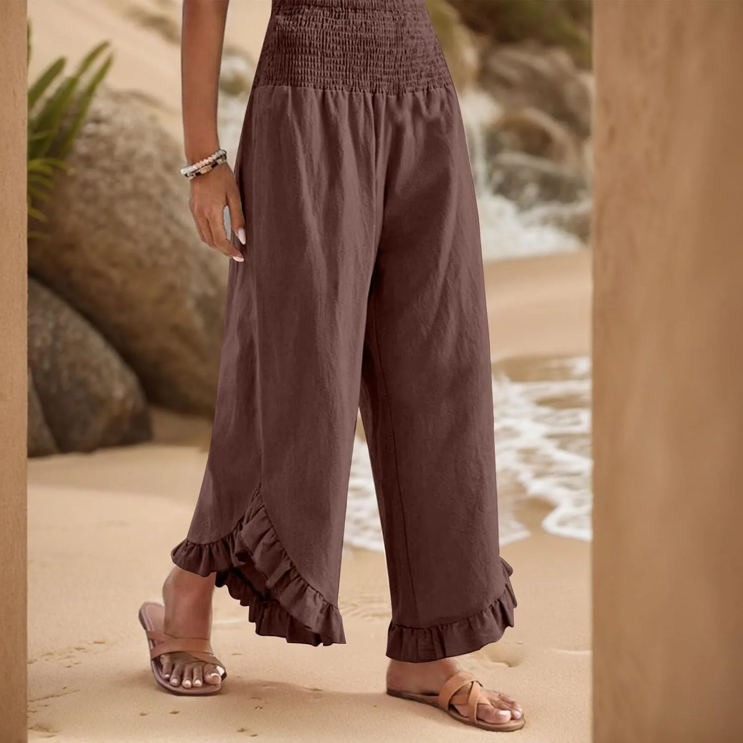Women's Solid Color Elastic Waist Slim Pleated Petal Dressy Casual Loose Fit Trousers
