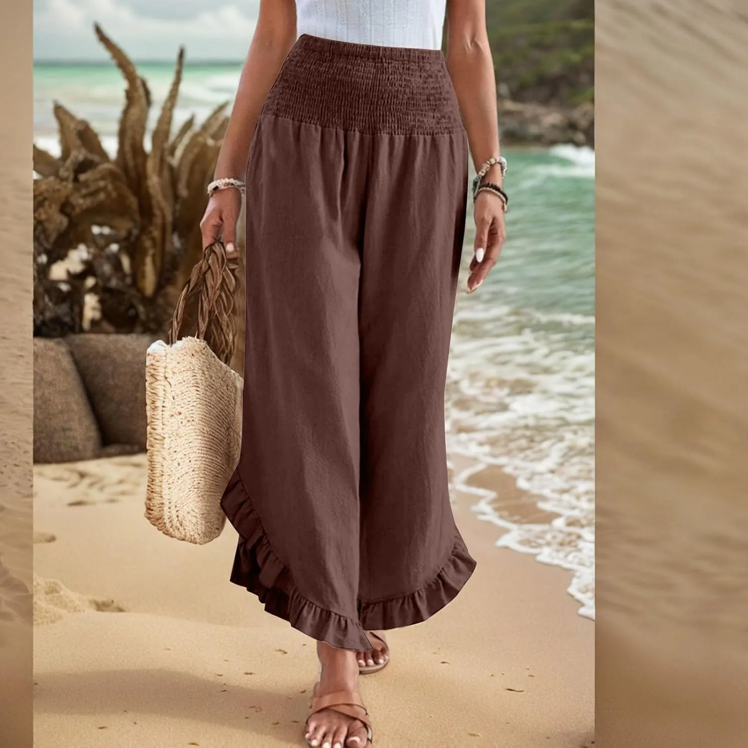 Women's Solid Color Elastic Waist Slim Pleated Petal Dressy Casual Loose Fit Trousers